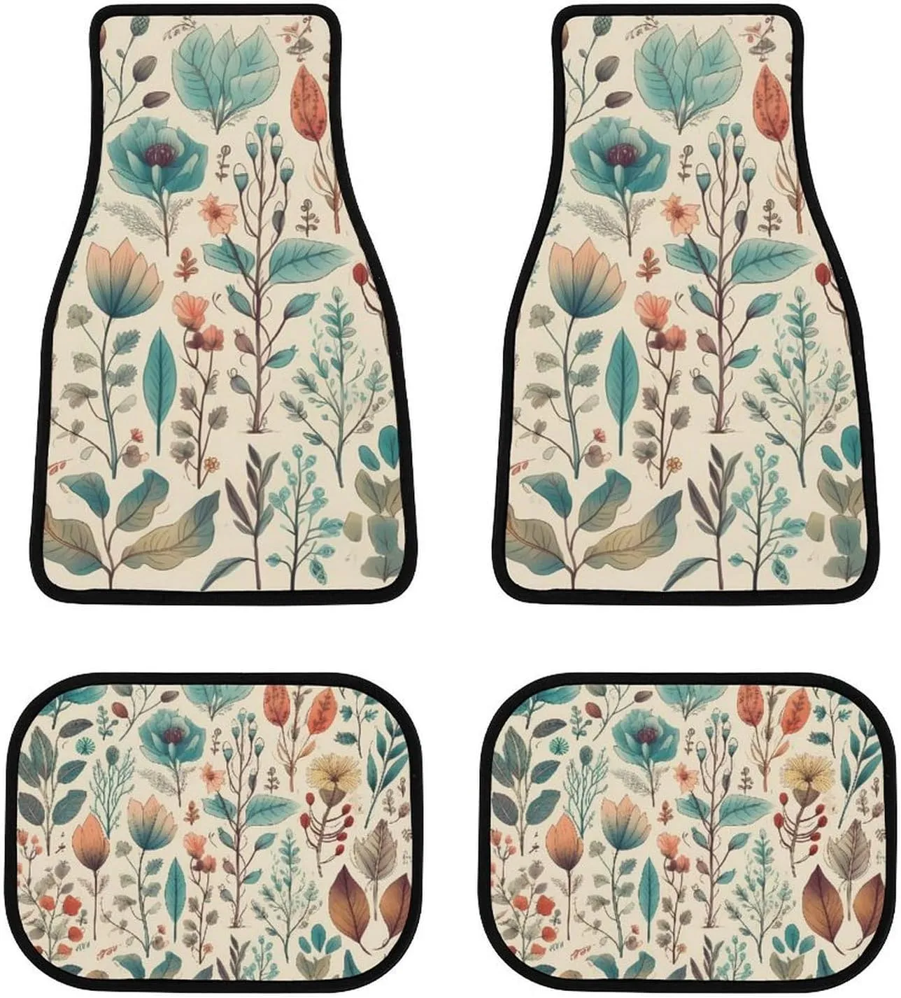 Car Floor Mat 4 Piece Universal Car Floor Pad Flowers and Leaves Car Mat Set Rubber Floor Mat for Cars Non-Slip Car Carpet Decor Heel Pad for Most Vehicles