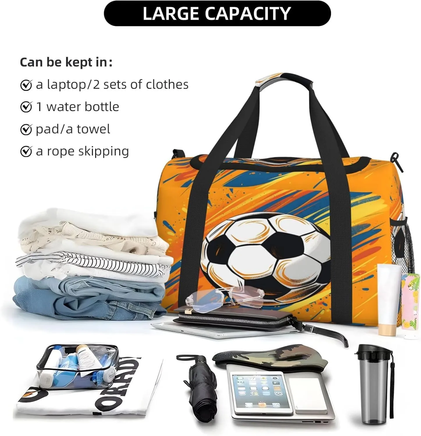 Colorful Soccer Travel Duffel Bag with Strap Multi Pockets Sports Bag Handbag Large Shoulder Bag for Gym Weekend Fitness Camping