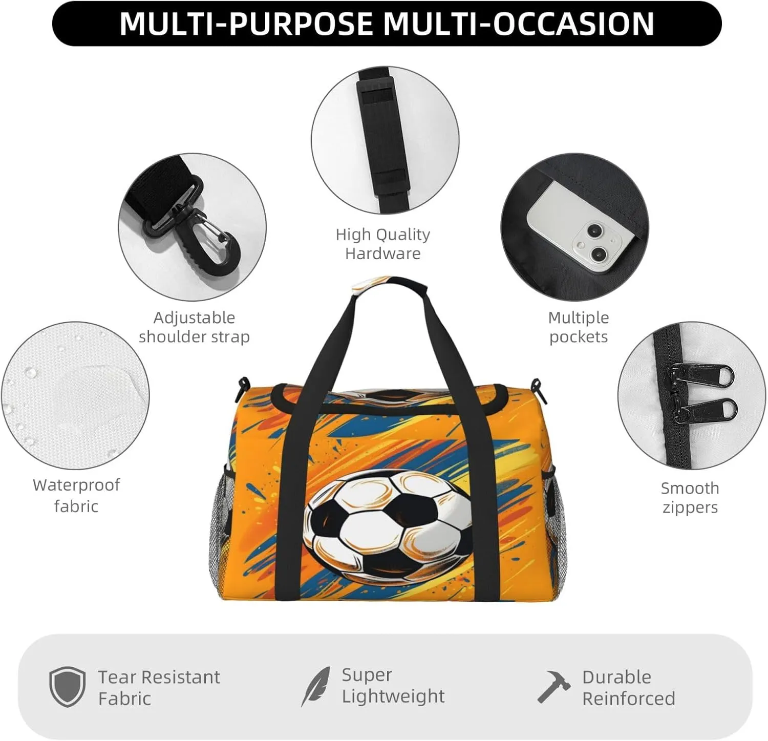 Colorful Soccer Travel Duffel Bag with Strap Multi Pockets Sports Bag Handbag Large Shoulder Bag for Gym Weekend Fitness Camping