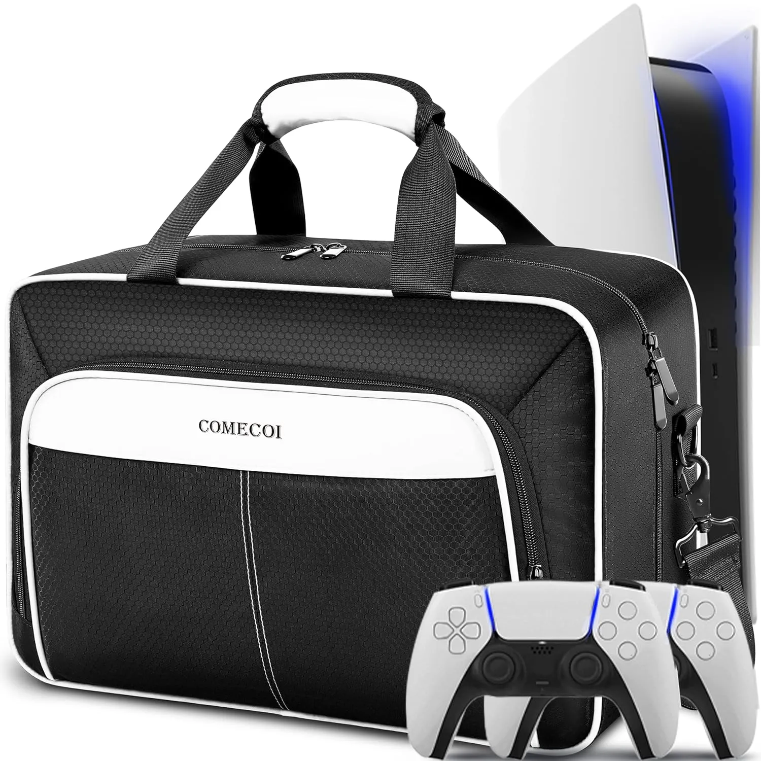 COMECOI Carrying Case for PS5, Travel Case for PS 5 Protective, Large Capacity Storage Bag Compatible with Playstation 5 Disk/ Digital Edition Console, Controllers, Game Cards, Accessories, White