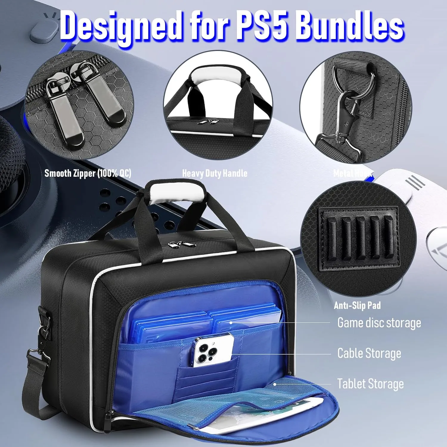 COMECOI Carrying Case for PS5, Travel Case for PS 5 Protective, Large Capacity Storage Bag Compatible with Playstation 5 Disk/ Digital Edition Console, Controllers, Game Cards, Accessories, White