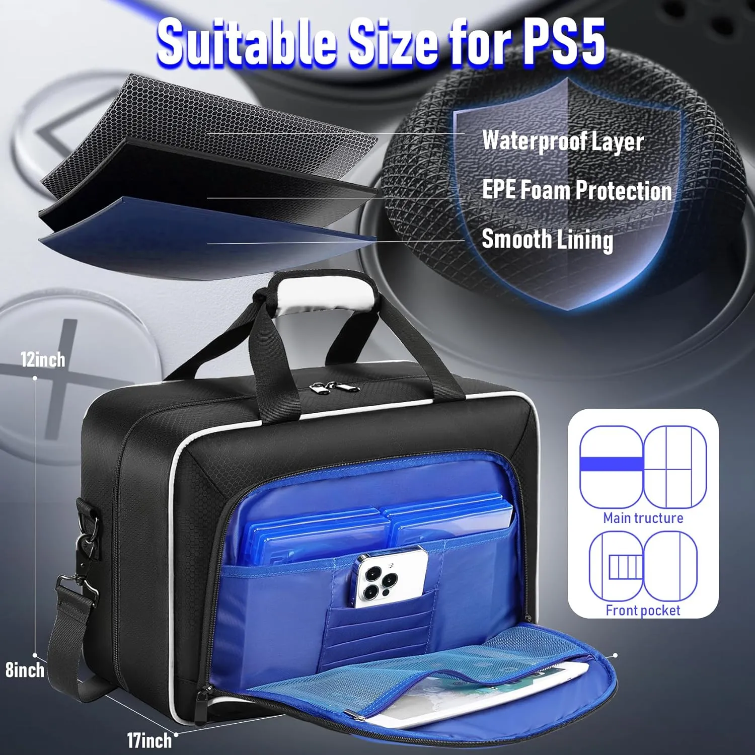 COMECOI Carrying Case for PS5, Travel Case for PS 5 Protective, Large Capacity Storage Bag Compatible with Playstation 5 Disk/ Digital Edition Console, Controllers, Game Cards, Accessories, White
