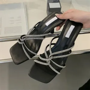CRYSTAL Narrow Band Women Slipper with Square Toe and Thin Low Heels