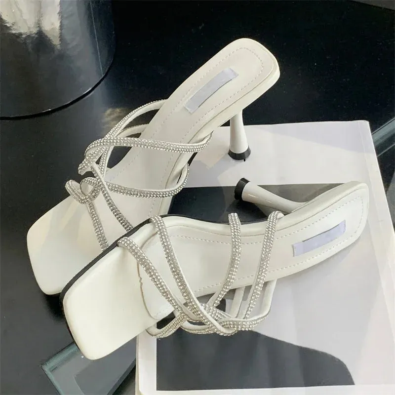 CRYSTAL Narrow Band Women Slipper with Square Toe and Thin Low Heels