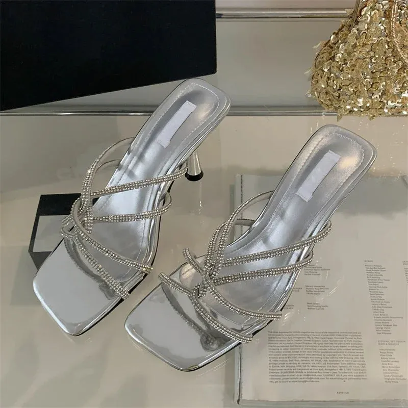 CRYSTAL Narrow Band Women Slipper with Square Toe and Thin Low Heels