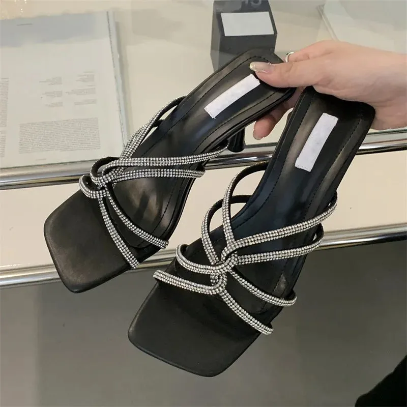 CRYSTAL Narrow Band Women Slipper with Square Toe and Thin Low Heels