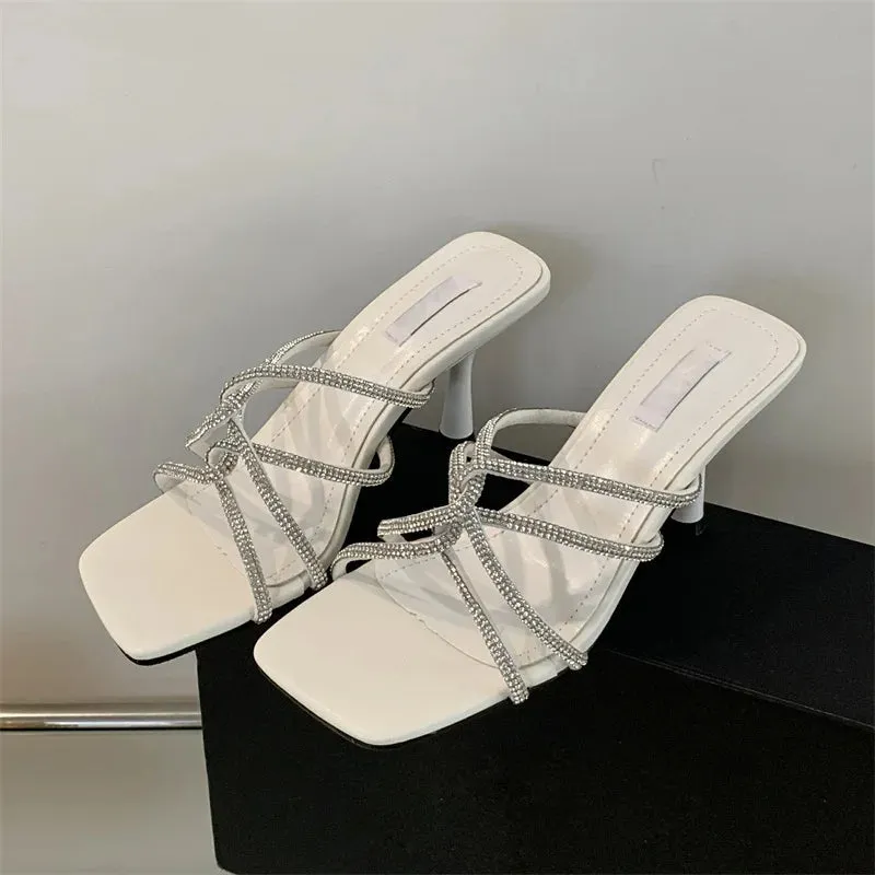CRYSTAL Narrow Band Women Slipper with Square Toe and Thin Low Heels