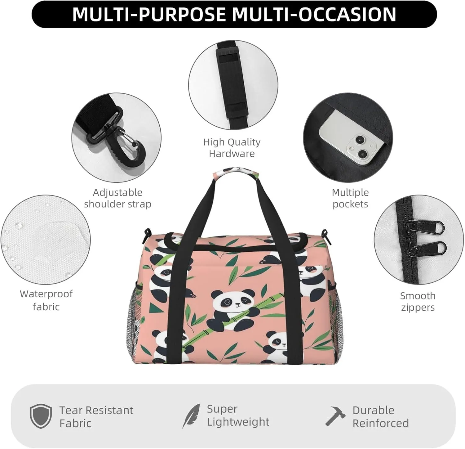 Cute Panda Travel Duffel Bag with Strap Multi Pockets Sports Bag Handbag Large Shoulder Bag for Gym Weekend Fitness Camping