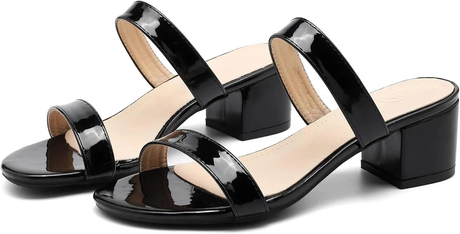 DADAWEN Women's Two Strap Open Toe Slip On Low Chunky Heels Sandals Block Heels Mule Sandals Party Dating Wedding Dress Pumps Shoes