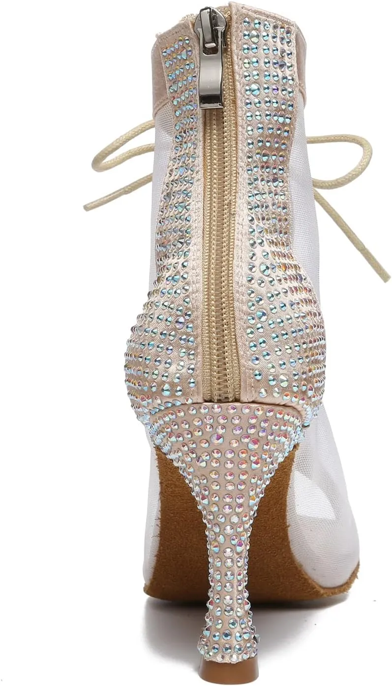 Dance Practice Shoes for Women Mesh Ballroom Sandals Heels Party Prom Ankle Booties with Zip