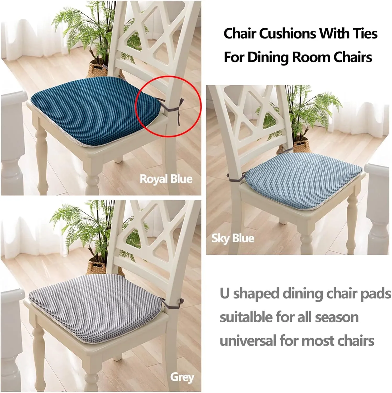 Dining Room Chair Cushion Covers Washable, Chair Seat Cushion Replacement, Summer Breathable Mesh Chair Pads with Ties, U Shaped Kitchen Chair Pads with Anti-slip Rubber Back Light Green