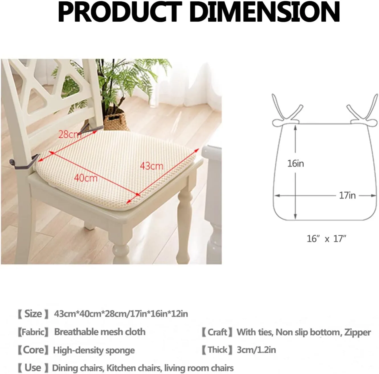 Dining Room Chair Cushion Covers Washable, Chair Seat Cushion Replacement, Summer Breathable Mesh Chair Pads with Ties, U Shaped Kitchen Chair Pads with Anti-slip Rubber Back Light Green