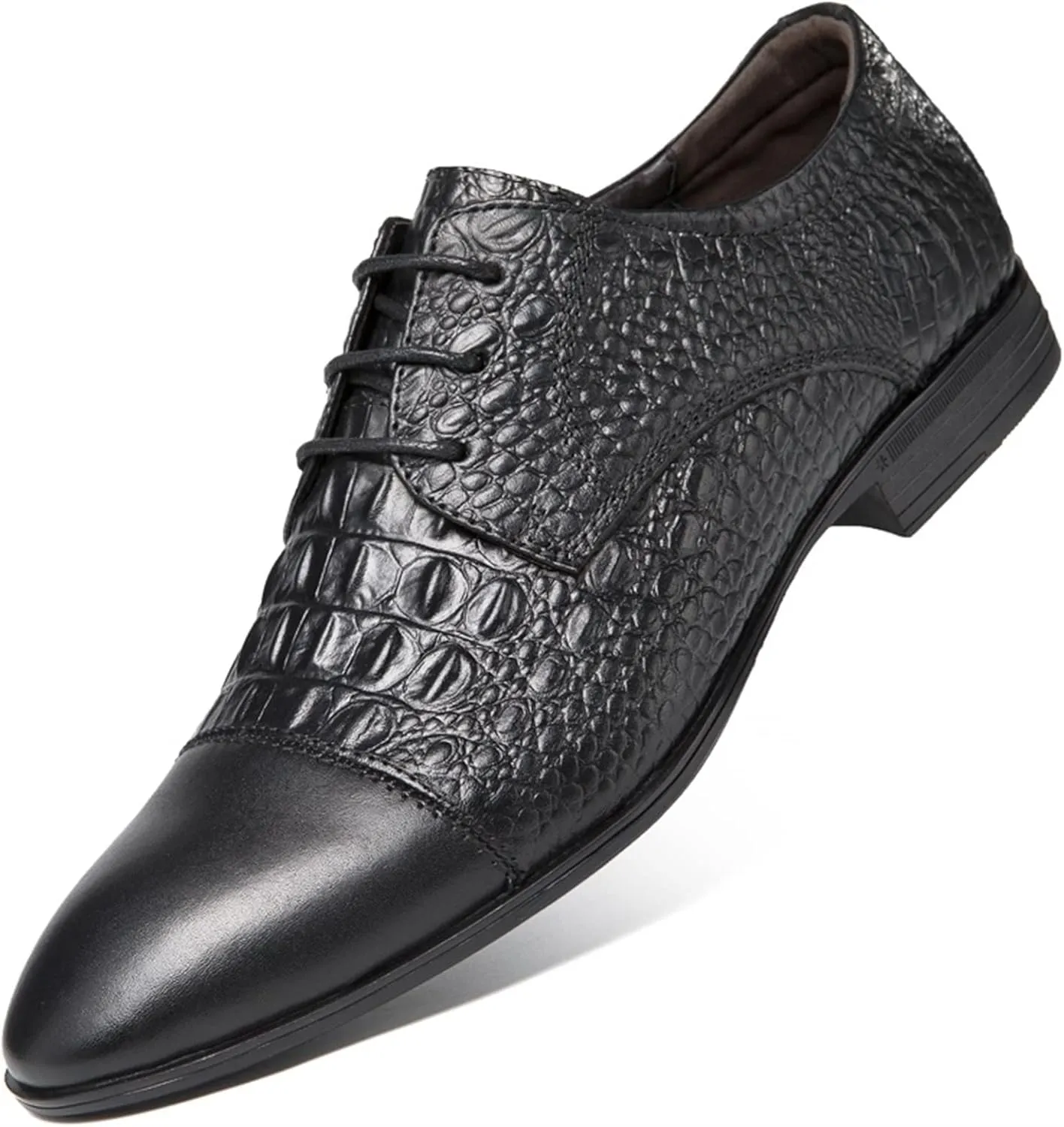 Dress Oxford Formal Shoes for Men Lace Up Crocodile Print Derby Shoes Round Cap Toe Leather Block Heel Rubber Sole Non Slip Party