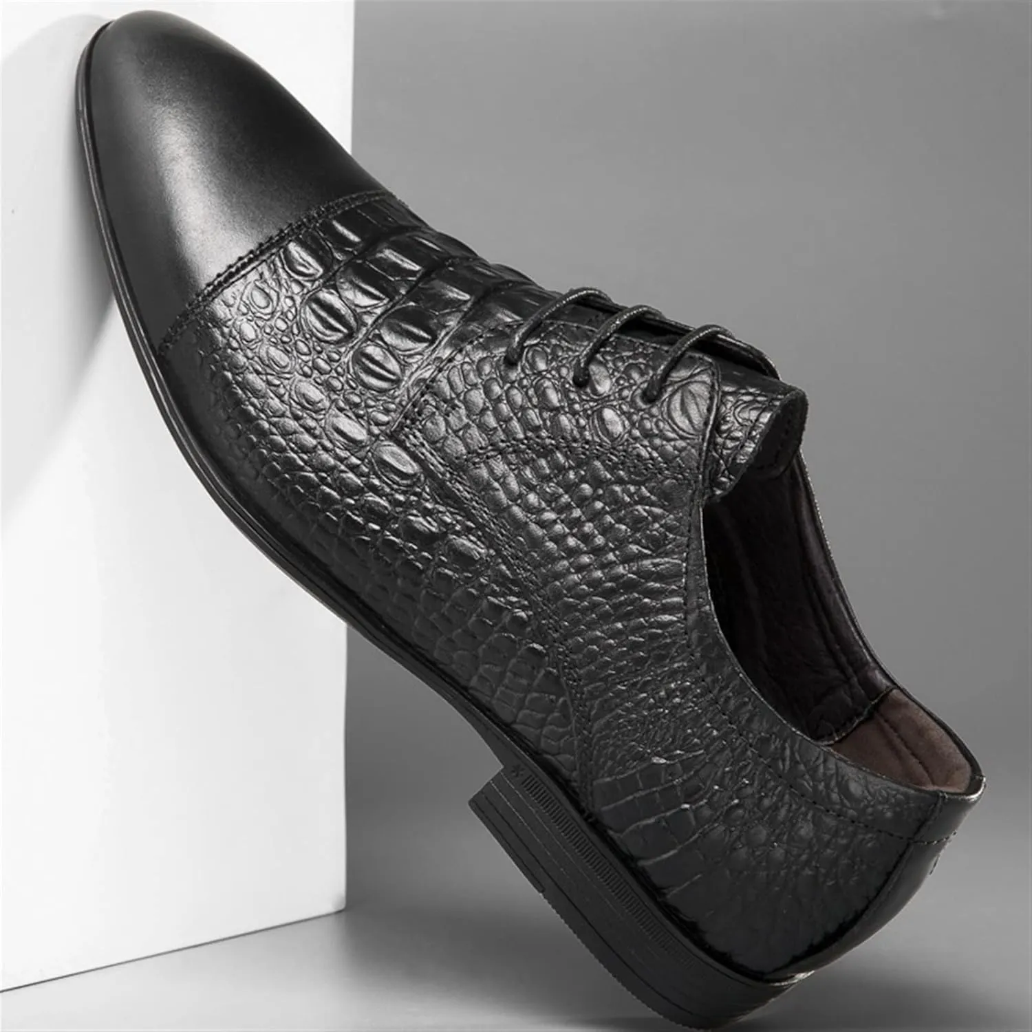 Dress Oxford Formal Shoes for Men Lace Up Crocodile Print Derby Shoes Round Cap Toe Leather Block Heel Rubber Sole Non Slip Party