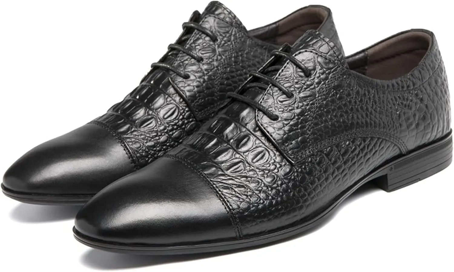 Dress Oxford Formal Shoes for Men Lace Up Crocodile Print Derby Shoes Round Cap Toe Leather Block Heel Rubber Sole Non Slip Party