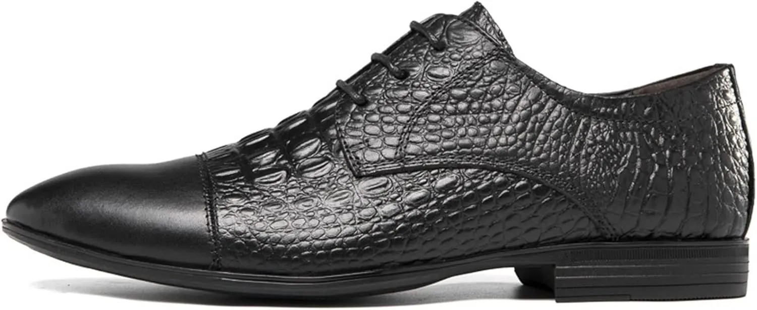 Dress Oxford Formal Shoes for Men Lace Up Crocodile Print Derby Shoes Round Cap Toe Leather Block Heel Rubber Sole Non Slip Party