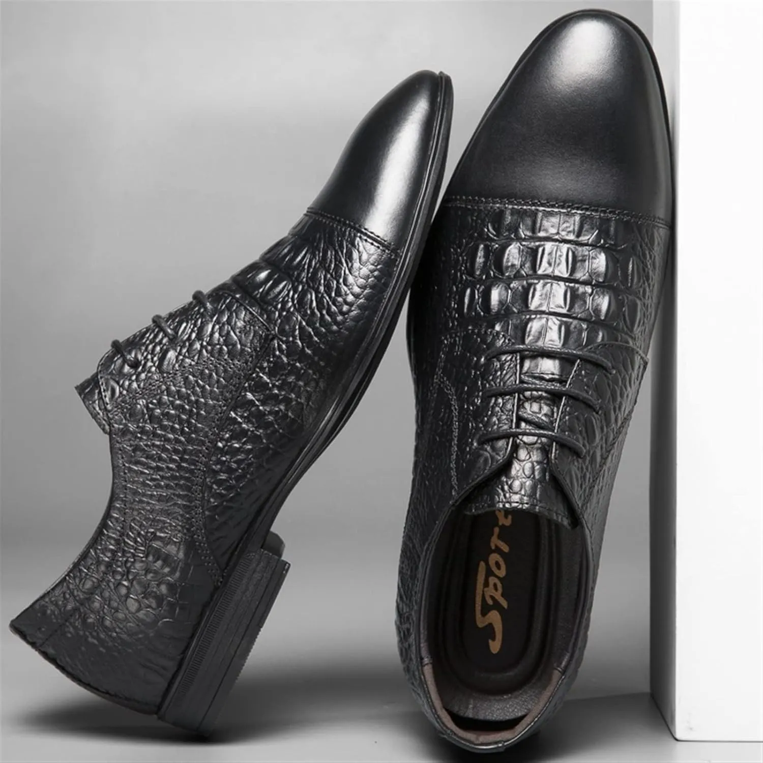 Dress Oxford Formal Shoes for Men Lace Up Crocodile Print Derby Shoes Round Cap Toe Leather Block Heel Rubber Sole Non Slip Party