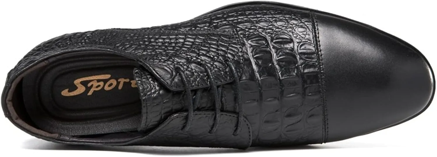Dress Oxford Formal Shoes for Men Lace Up Crocodile Print Derby Shoes Round Cap Toe Leather Block Heel Rubber Sole Non Slip Party