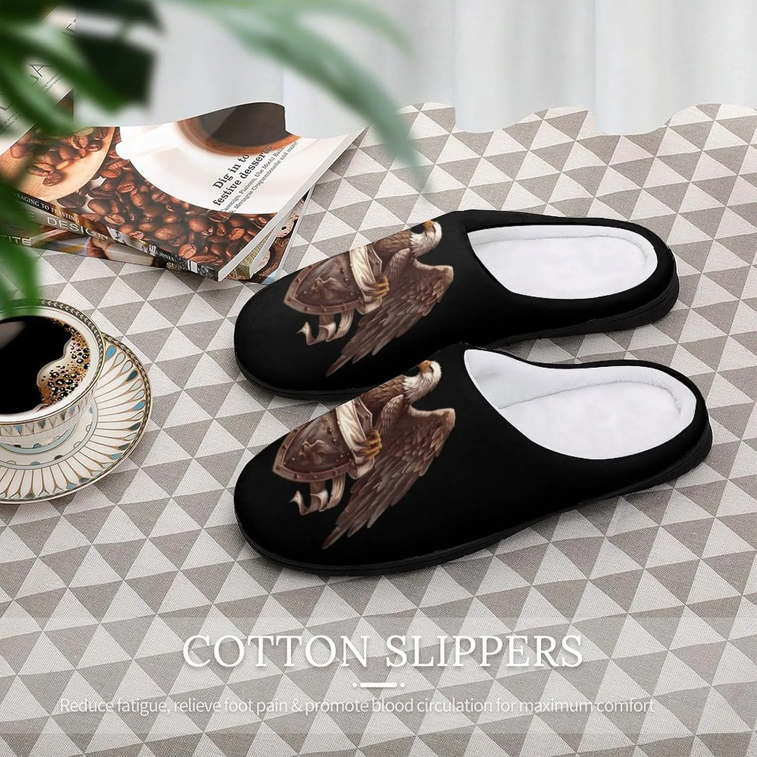 Eagle with Shield and Ribbon Men's Cotton Slippers Memory Foam House Shoes Non Slip Soles Winter Slippers