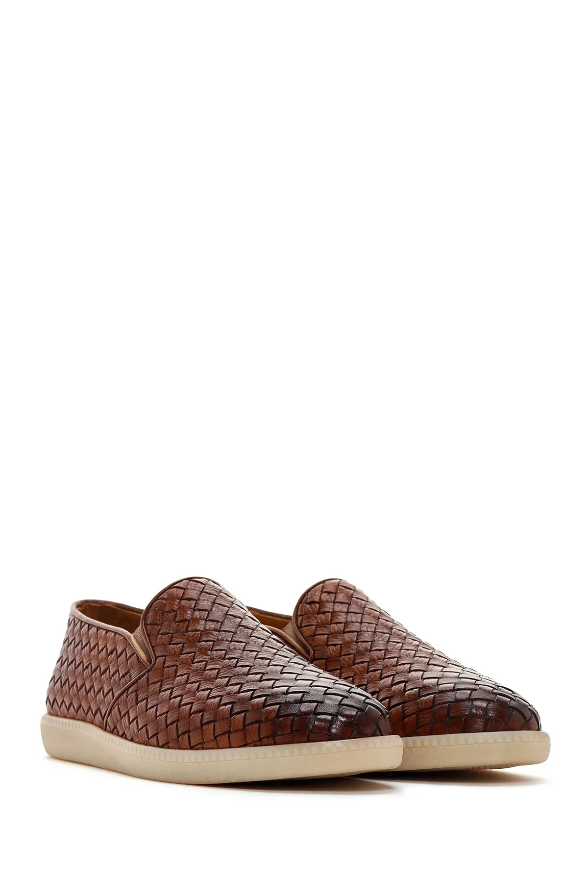 Erkek Taba Örgü Deri Casual Loafer