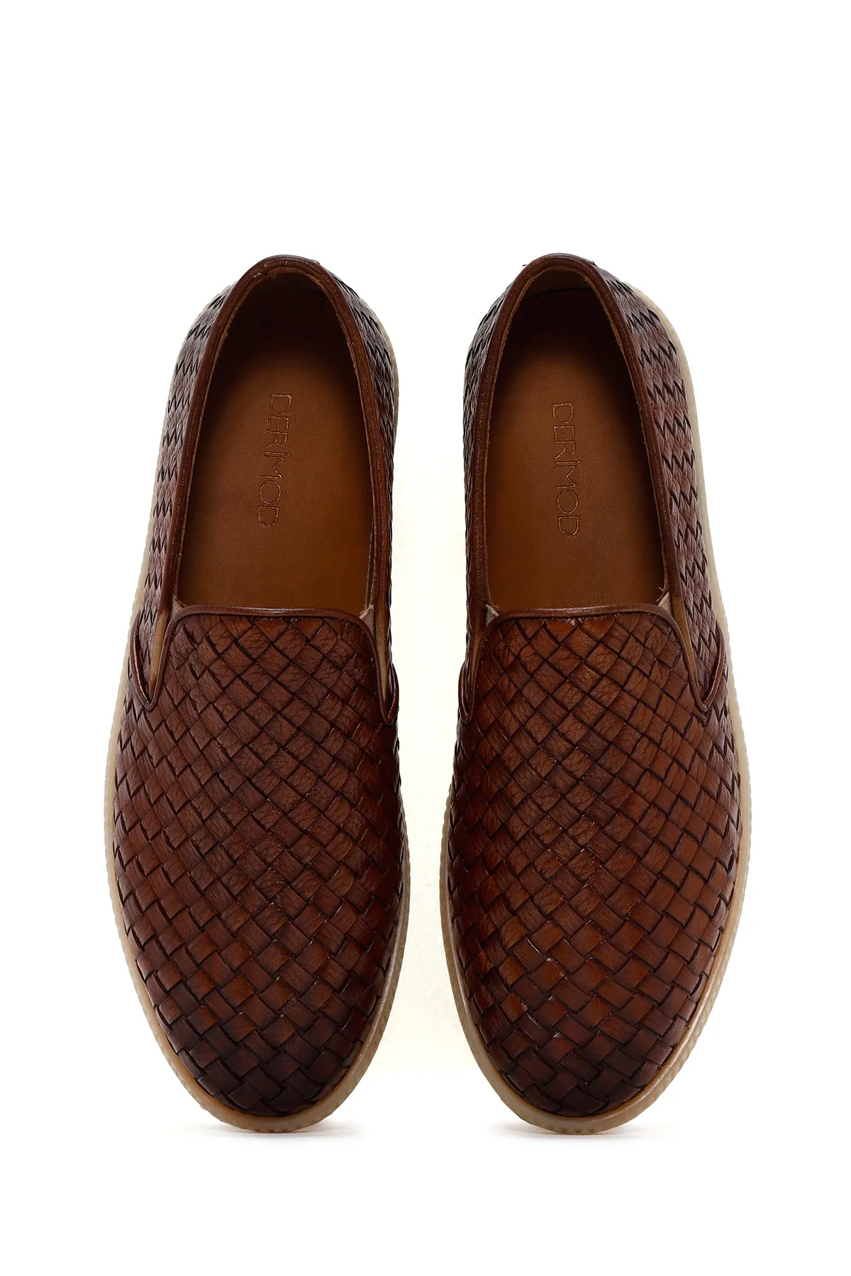 Erkek Taba Örgü Deri Casual Loafer