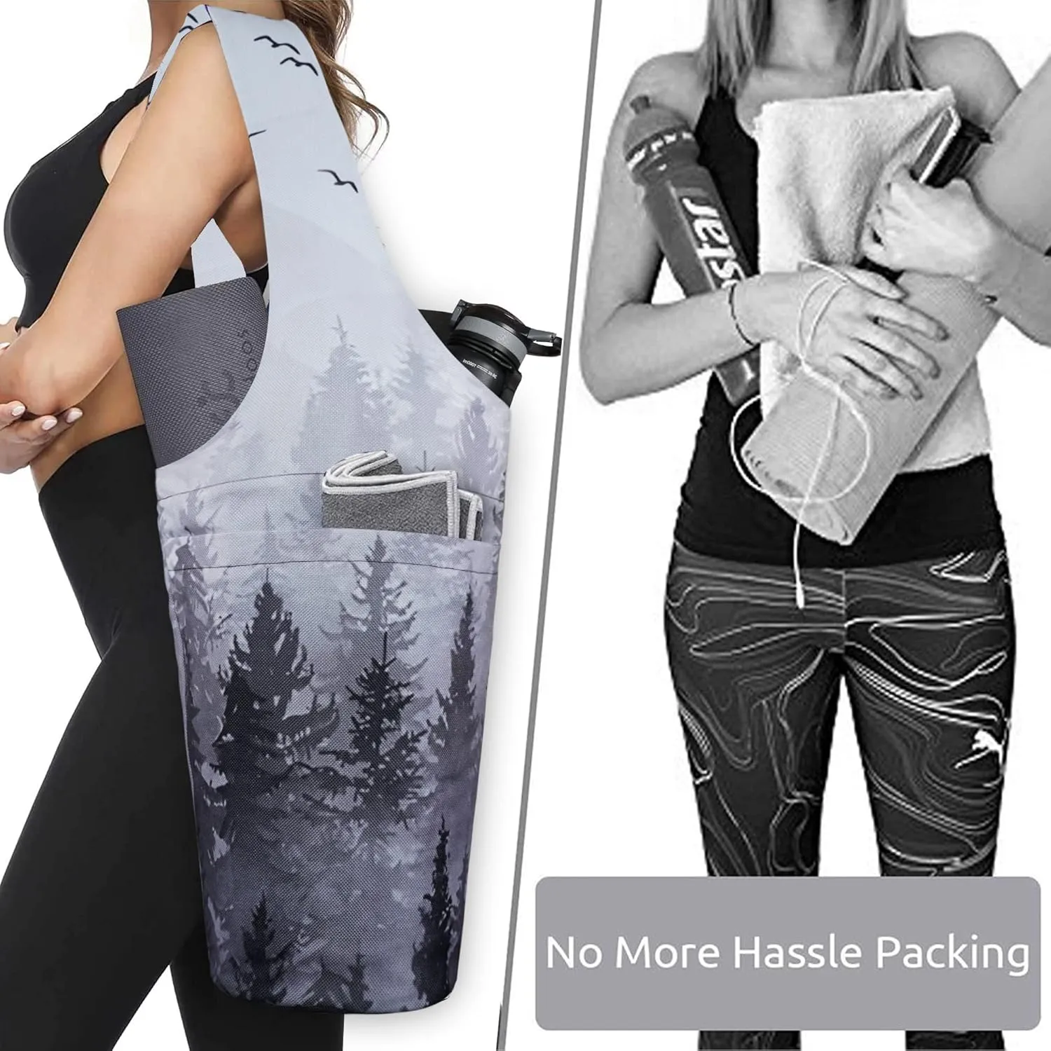 Fashion Printed Yoga Mat Bag with Large Side Pocket & Zipper Pocket Long Tote Yoga Bag Fit Most Size Mats - Holds More Yoga Accessories