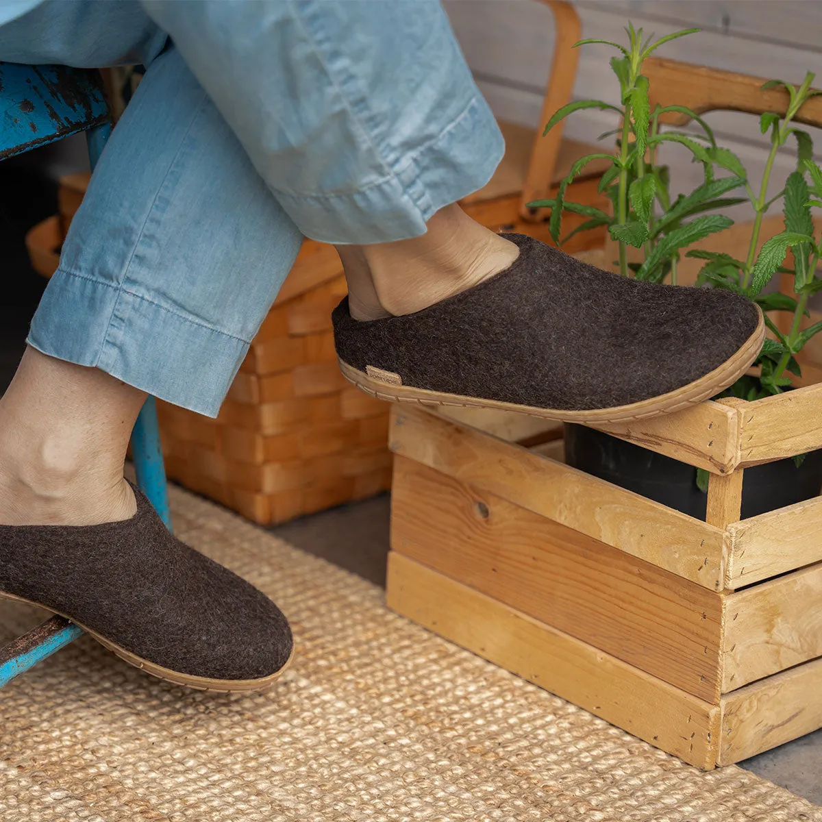 Felt Rubber Sole Mule - Brown