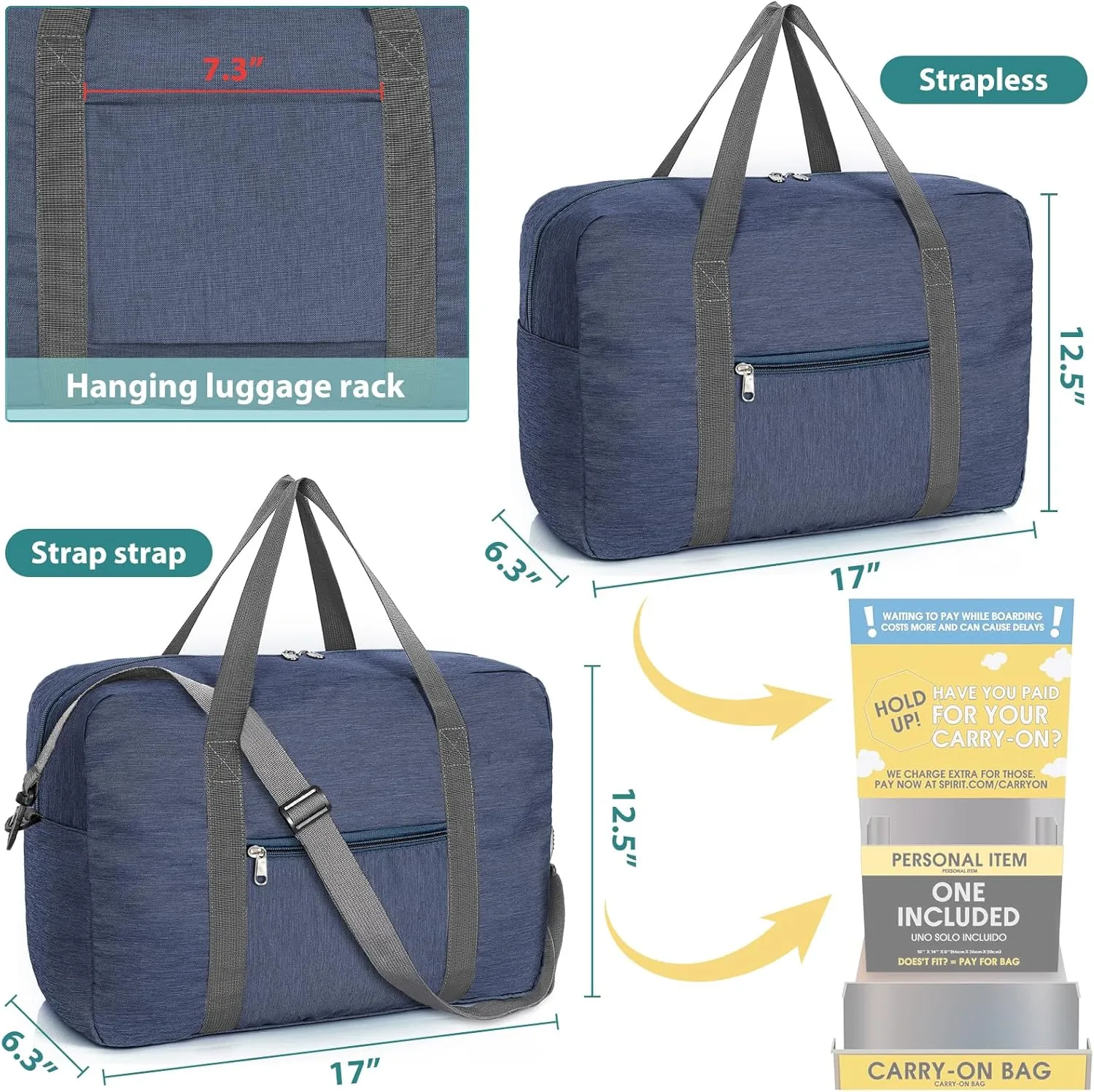 For Spirit Airlines Personal Item Bag 18x14x8, Foldable Travel Duffel Bag Tote Carry on Luggage Duffle Weekend Overnight Bag for Women and Men(Dark Blue with Strap)
