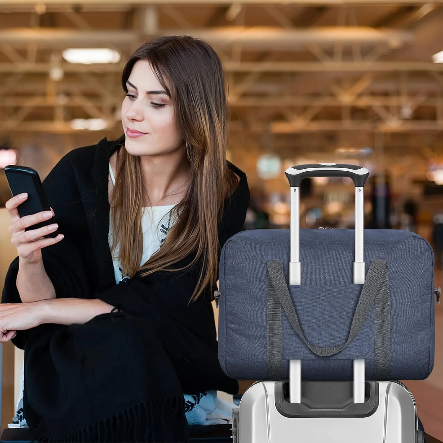 For Spirit Airlines Personal Item Bag 18x14x8, Foldable Travel Duffel Bag Tote Carry on Luggage Duffle Weekend Overnight Bag for Women and Men(Dark Blue with Strap)