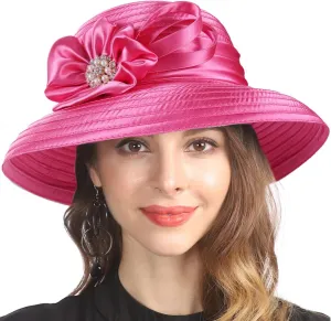 FORBUSITE Church Hats for Women Derby Hats 1950s 20s with Rhinestone Wide Brim
