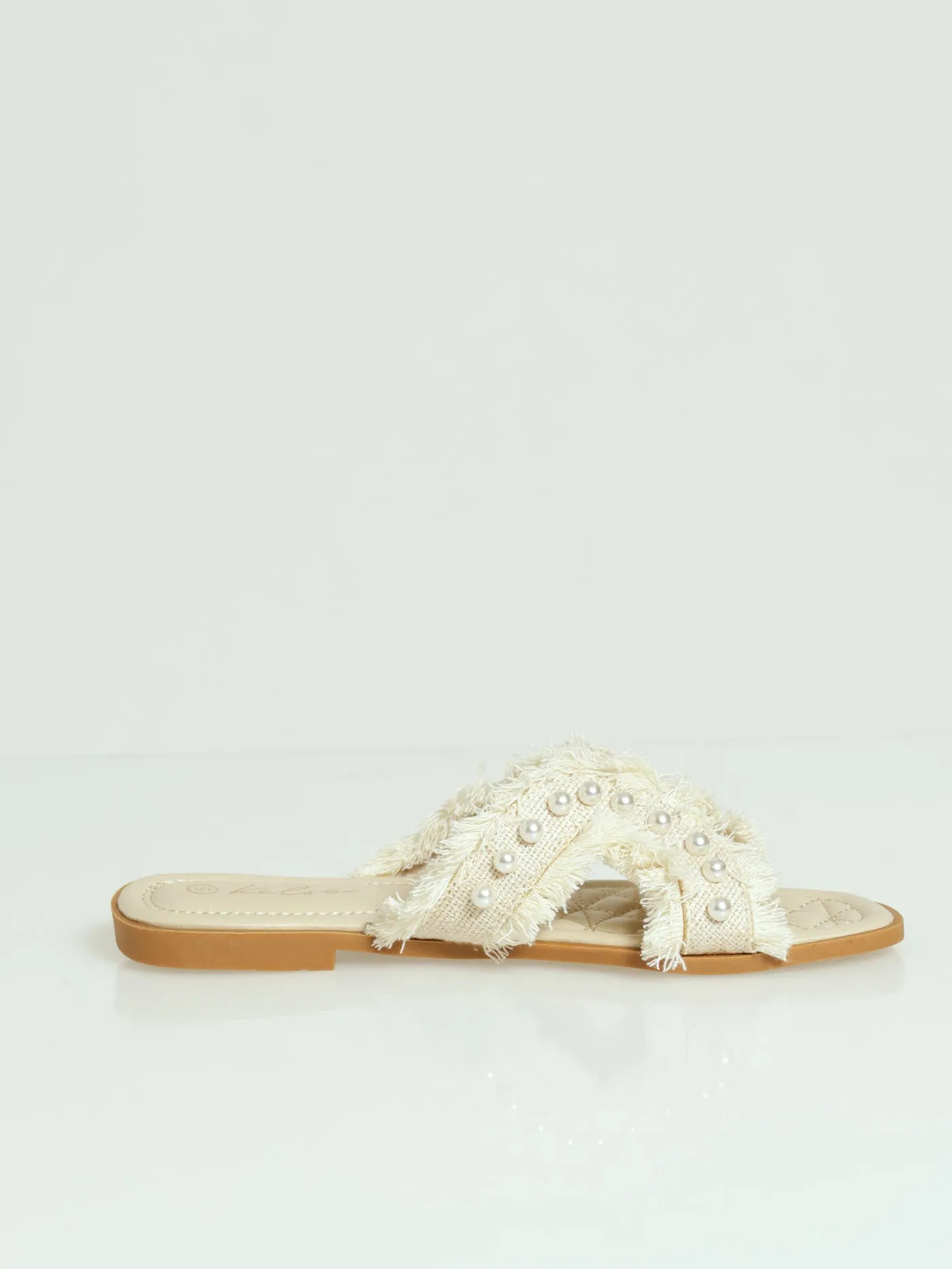 Fringe & Pearl Detail Cutout Band Mule Sandal - Off White