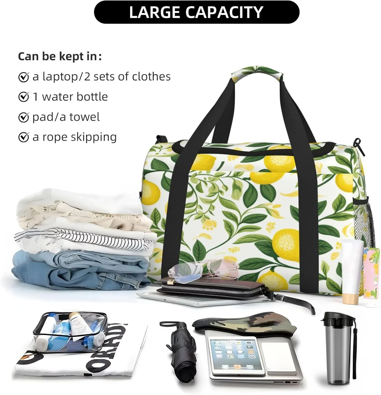 Fruits Lemon Leaves Travel Duffel Bag with Strap Multi Pockets Sports Bag Handbag Large Shoulder Bag for Gym Weekend Fitness Camping