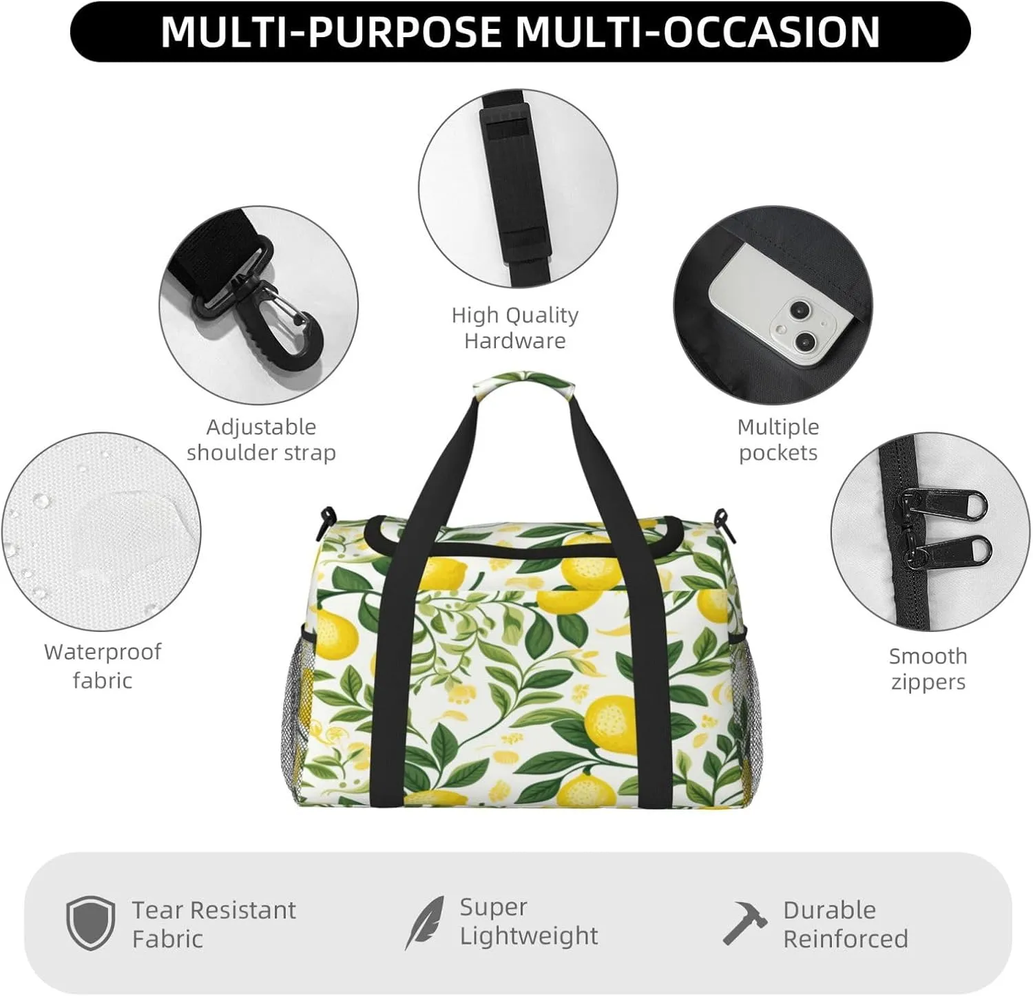 Fruits Lemon Leaves Travel Duffel Bag with Strap Multi Pockets Sports Bag Handbag Large Shoulder Bag for Gym Weekend Fitness Camping