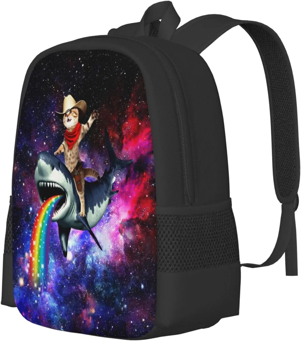 Funny Cat Shark Galaxy Backpack, Simple and Aesthetic Bookbag for Women & Men, Lightweight Adjustable Black Backpack for Travel Outdoor Sports, Large Capacity Laptop Bag for Business Office