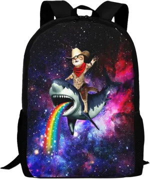 Funny Cat Shark Galaxy Backpack, Simple and Aesthetic Bookbag for Women & Men, Lightweight Adjustable Black Backpack for Travel Outdoor Sports, Large Capacity Laptop Bag for Business Office