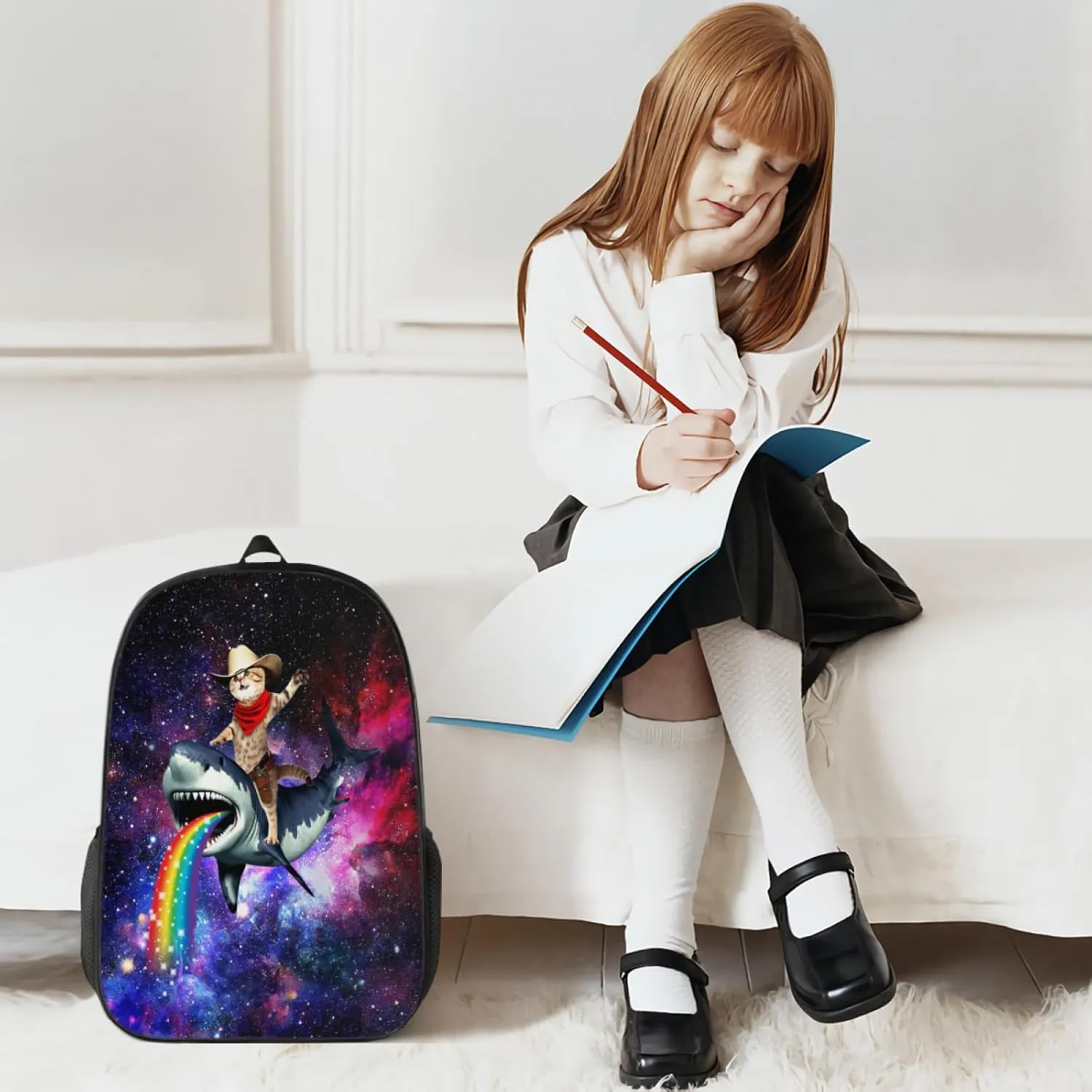 Funny Cat Shark Galaxy Backpack, Simple and Aesthetic Bookbag for Women & Men, Lightweight Adjustable Black Backpack for Travel Outdoor Sports, Large Capacity Laptop Bag for Business Office
