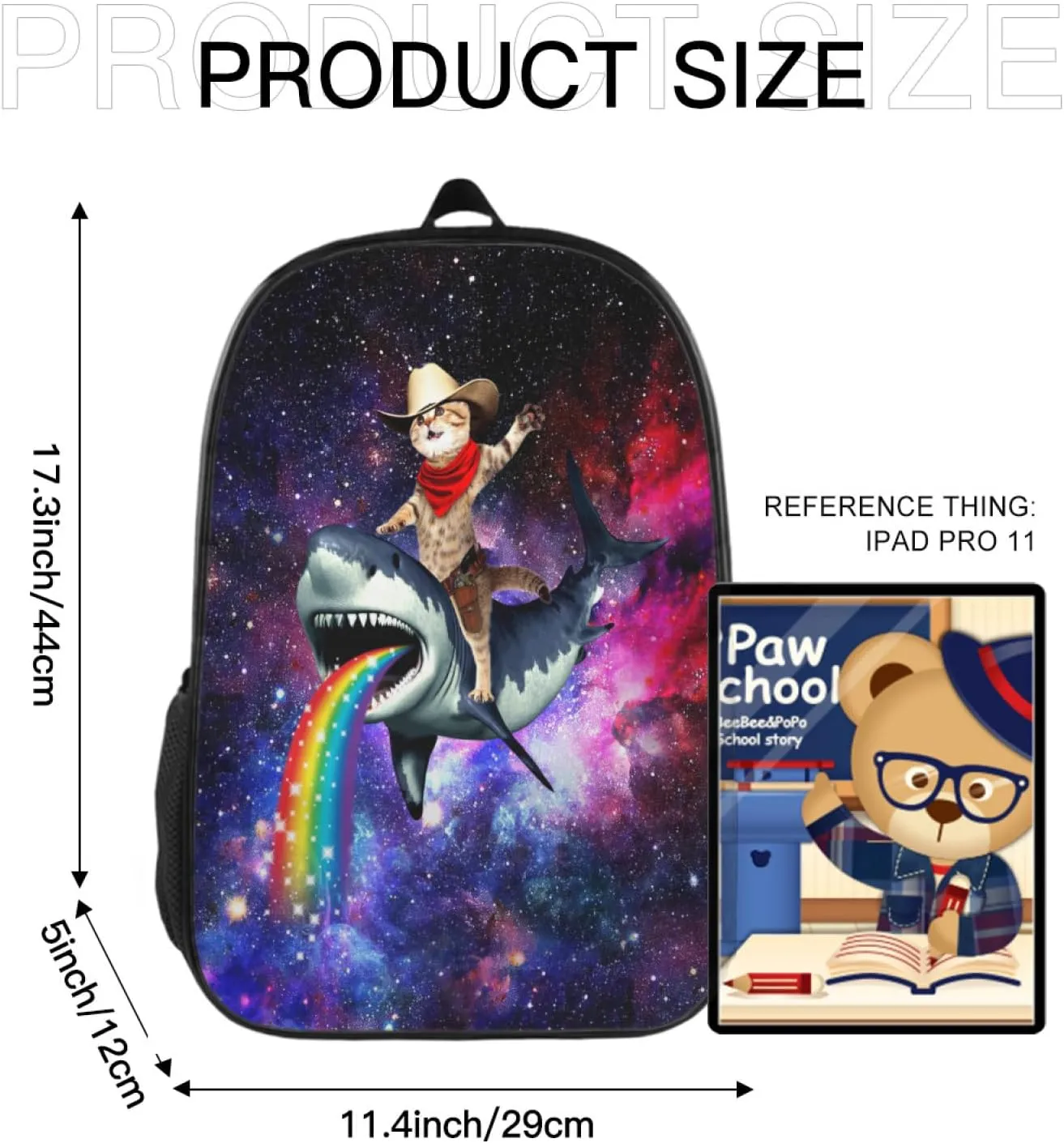 Funny Cat Shark Galaxy Backpack, Simple and Aesthetic Bookbag for Women & Men, Lightweight Adjustable Black Backpack for Travel Outdoor Sports, Large Capacity Laptop Bag for Business Office