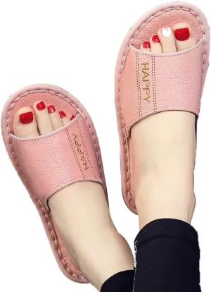 Genuine Leather Open Toe Summer Sandals, Unisex Cowhide PU Non Slip Home & Outdoor Comfy Slippers