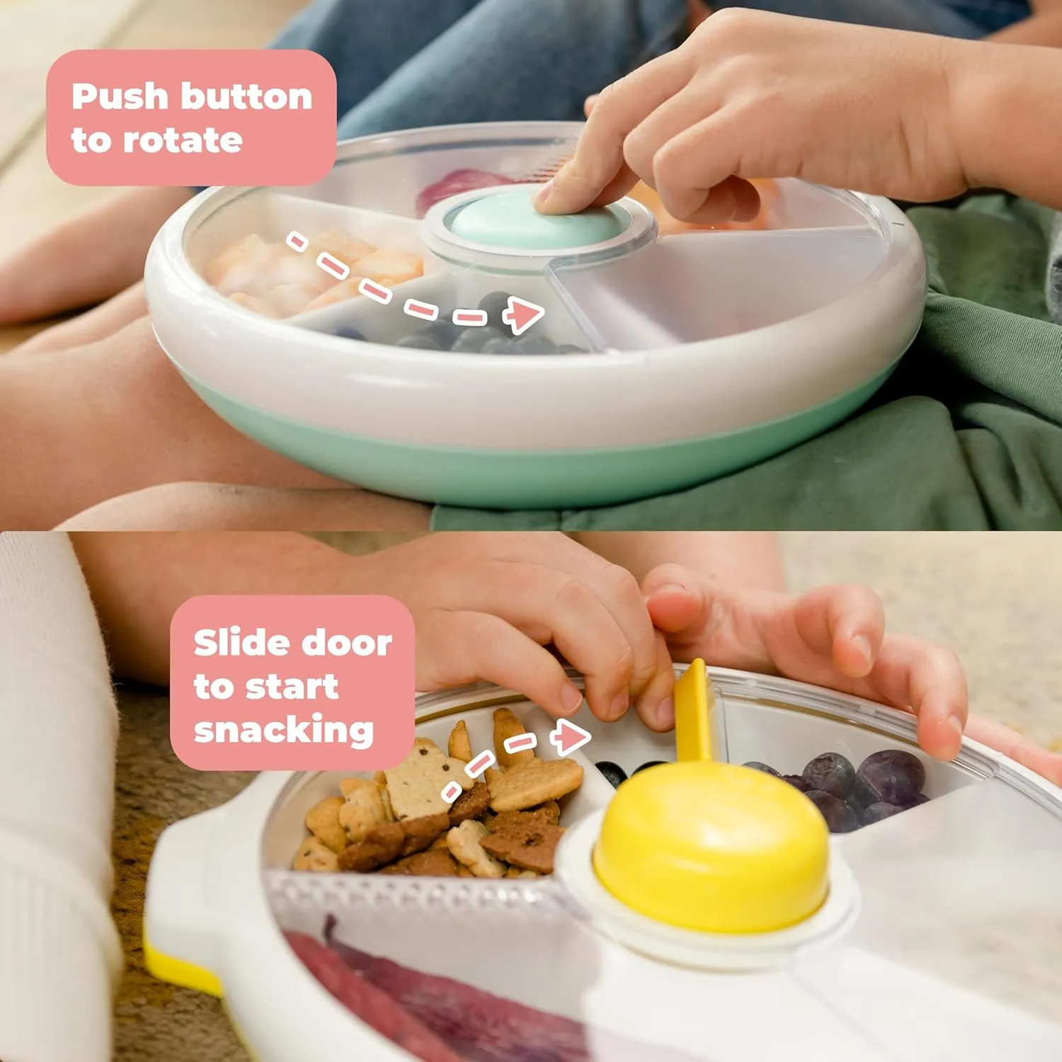 GoBe Kids Large Snack Spinner Slide Bundle with Hand Strap and Sticker Sheet - Reusable Snack Container with 4 Compartment Dispenser and Lid | BPA/PVC Free | Dishwasher Safe | No Spill - Macaron Blue
