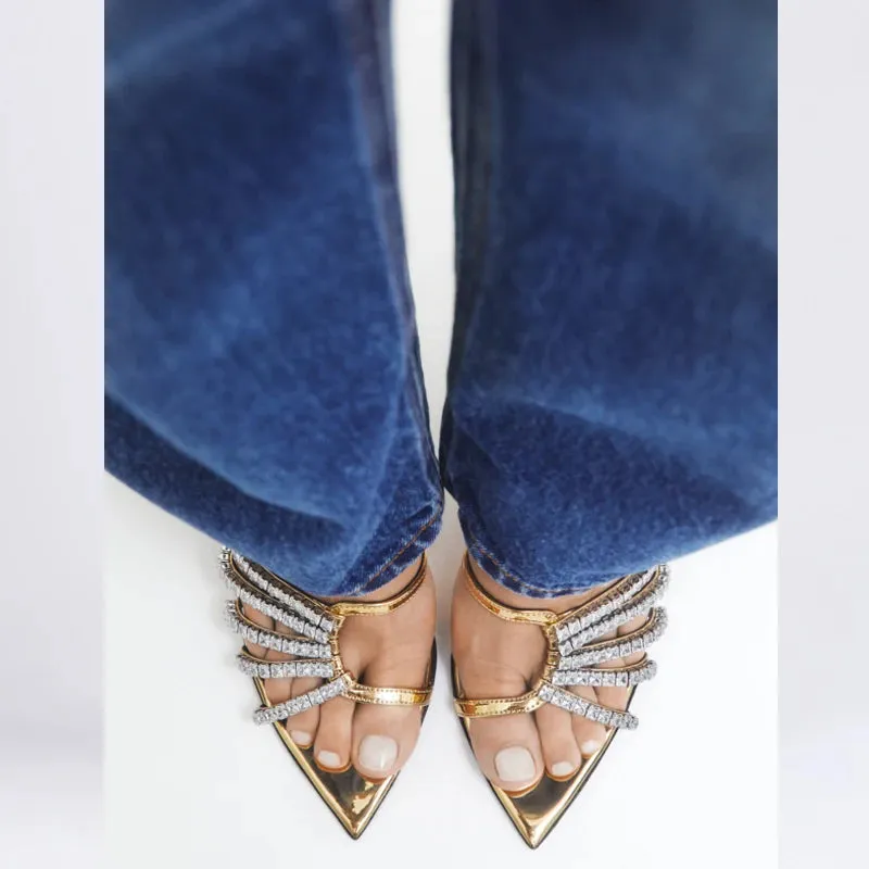 Golden Crystal Thin Heels Slipper for Women