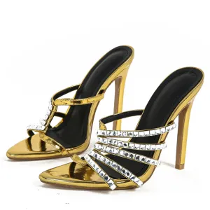 Golden Crystal Thin Heels Slipper for Women