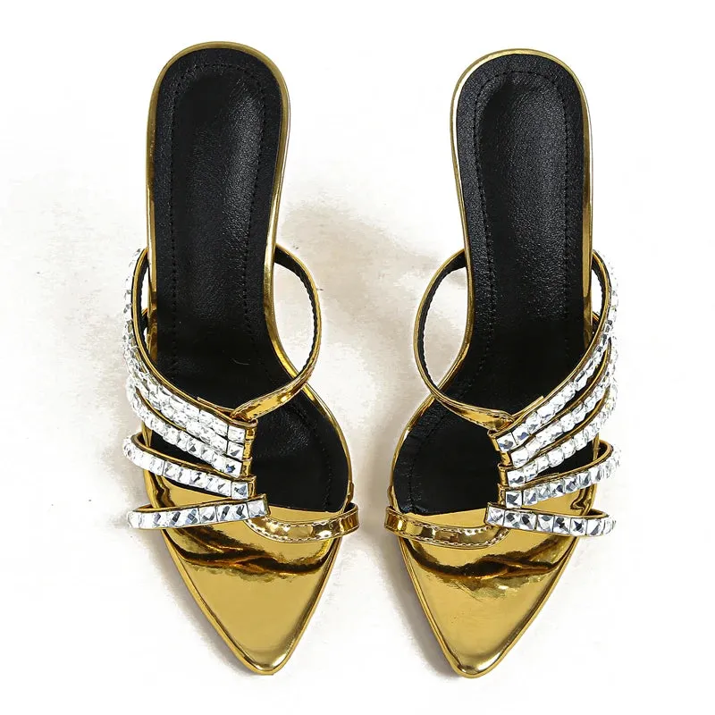 Golden Crystal Thin Heels Slipper for Women