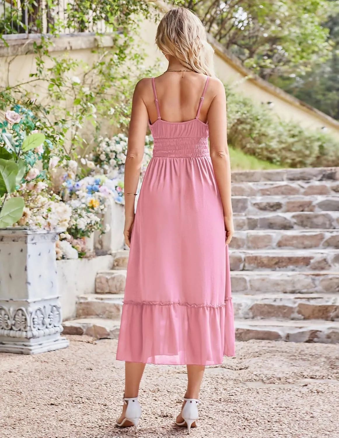 GRACE KARIN Womens 2025 Summer Dress Casual Sleeveless Spaghetti Strap Smocked Ruffle Beach Long Maxi Dress with Pockets