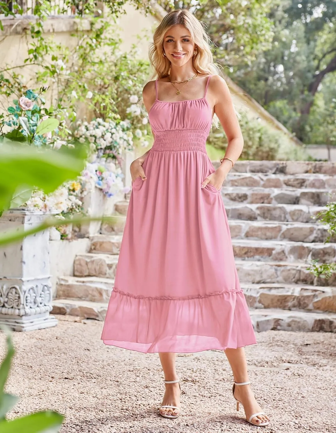 GRACE KARIN Womens 2025 Summer Dress Casual Sleeveless Spaghetti Strap Smocked Ruffle Beach Long Maxi Dress with Pockets