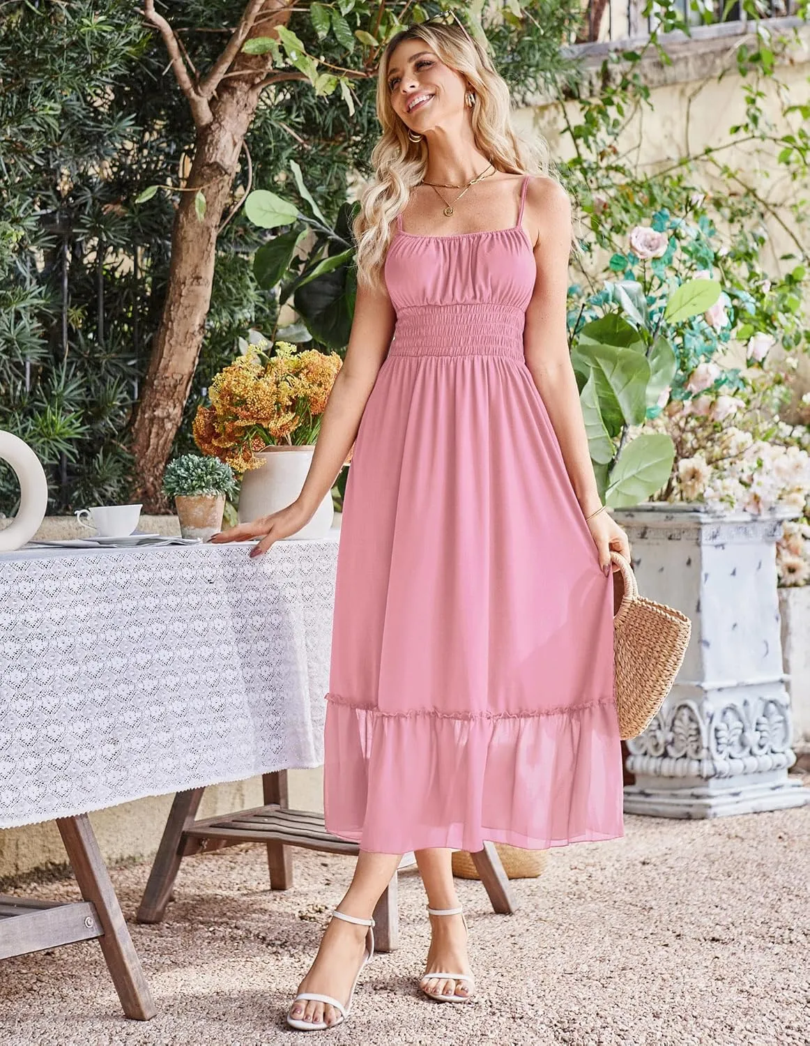 GRACE KARIN Womens 2025 Summer Dress Casual Sleeveless Spaghetti Strap Smocked Ruffle Beach Long Maxi Dress with Pockets