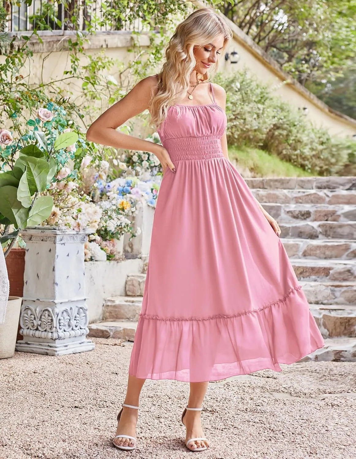GRACE KARIN Womens 2025 Summer Dress Casual Sleeveless Spaghetti Strap Smocked Ruffle Beach Long Maxi Dress with Pockets