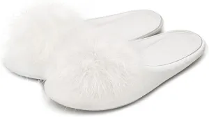 GRITHEIM Women's Fuzzy Pom Pom Velvet Memory Foam House Slippers Ladies Cozy Chenille Knit Bedroom Slippers Non-slip Sole Indoor Outdoor