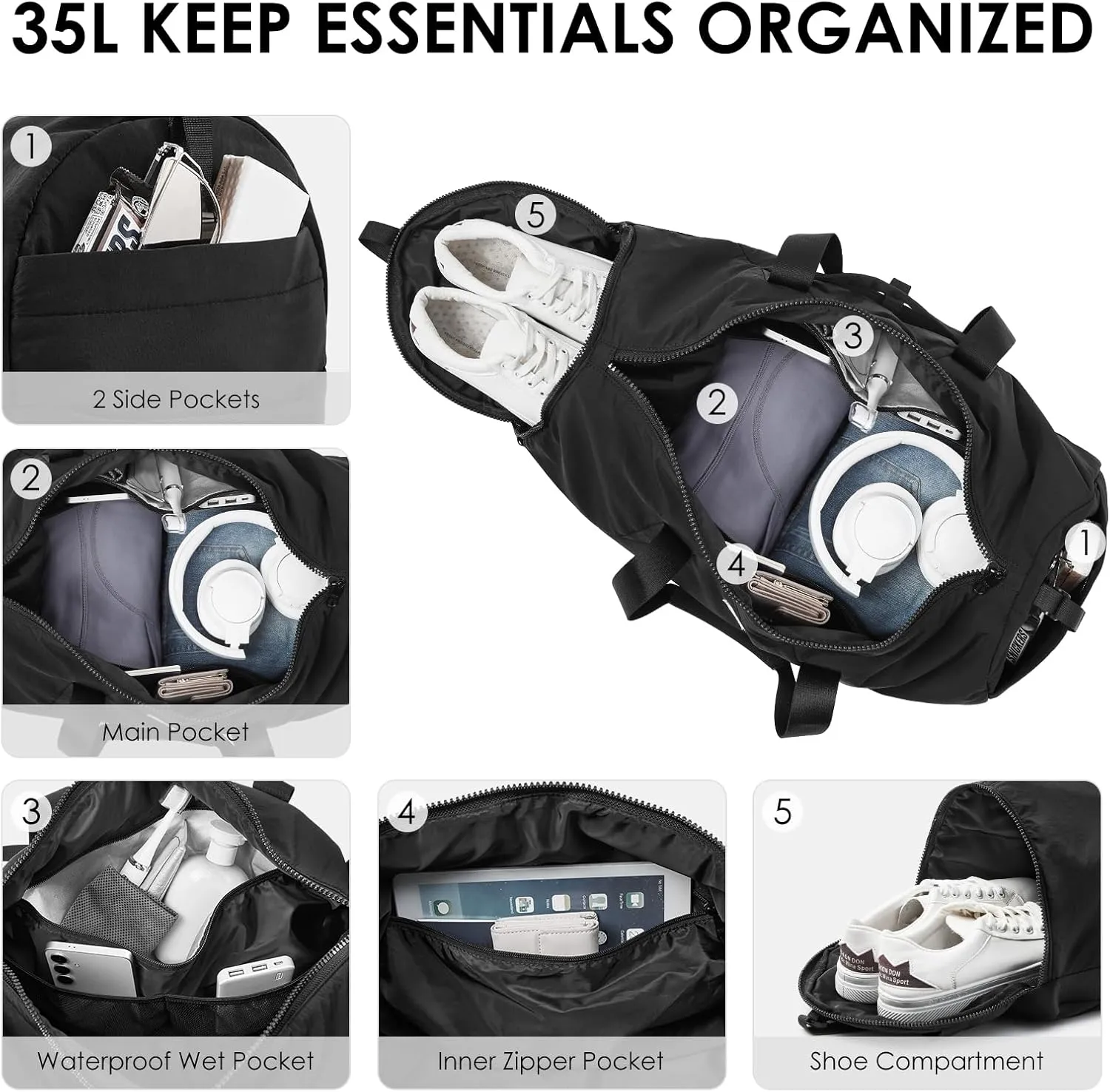 Gym Bag for Men Women,35L Small Fitness Workout Sports Bag with Wet Pocket & Shoe Compartment, Water Resistant Overnight Weekender Duffel(Black)