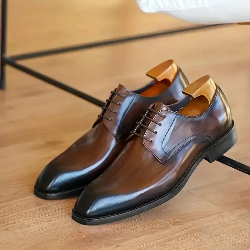 Handmade Dark Brown Shaded Leather Lace Up Derby Office Shoes For Mens