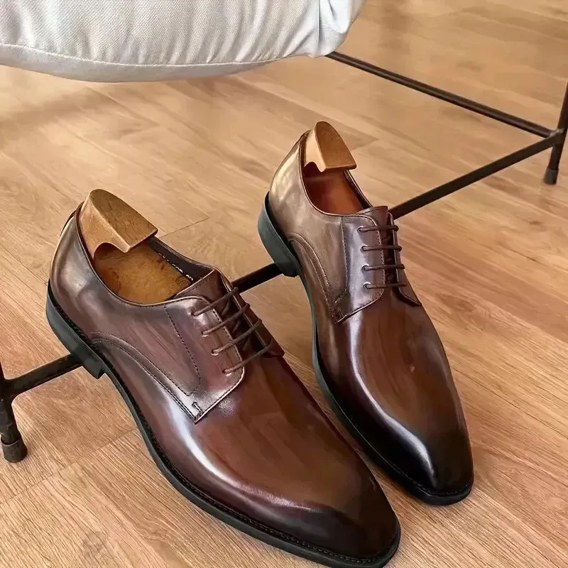 Handmade Dark Brown Shaded Leather Lace Up Derby Office Shoes For Mens